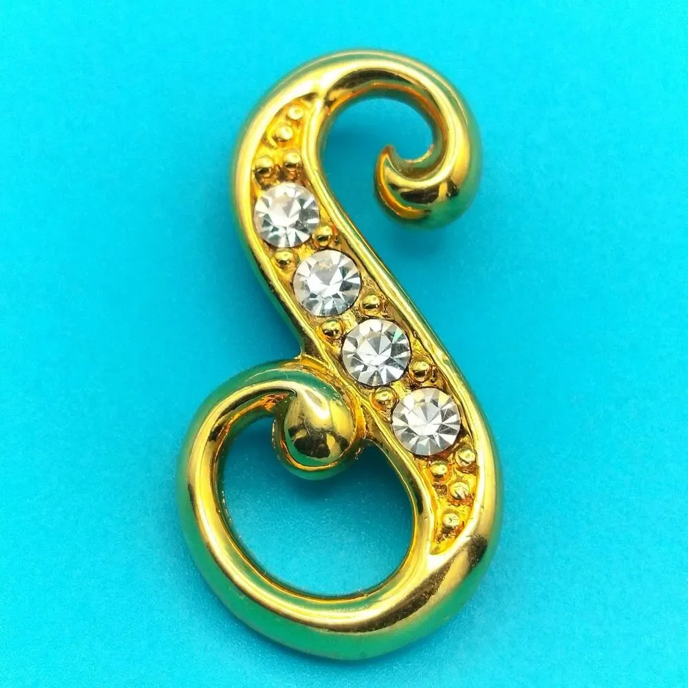 Gold Tone Swirl Rhinestone Brooch Pin Jewelry